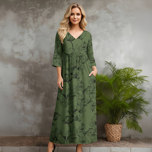 Three Quarter Sleeve V-neck Maxi Dress with Pockets - Floral