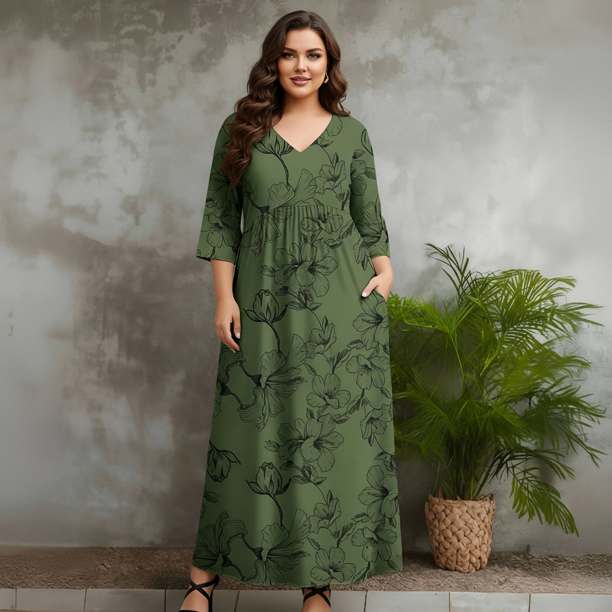 Three Quarter Sleeve V-neck Maxi Dress with Pockets - Floral