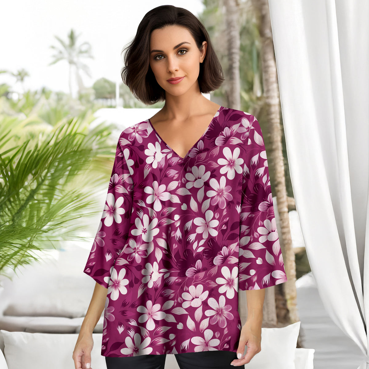 Three Quarter Sleeve V-Neck Tunic - Floral