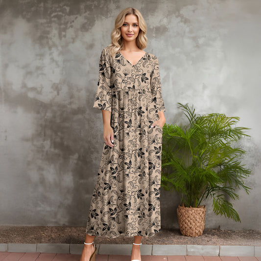 Three Quarter Sleeve V-neck Maxi Dress with Pockets - Floral
