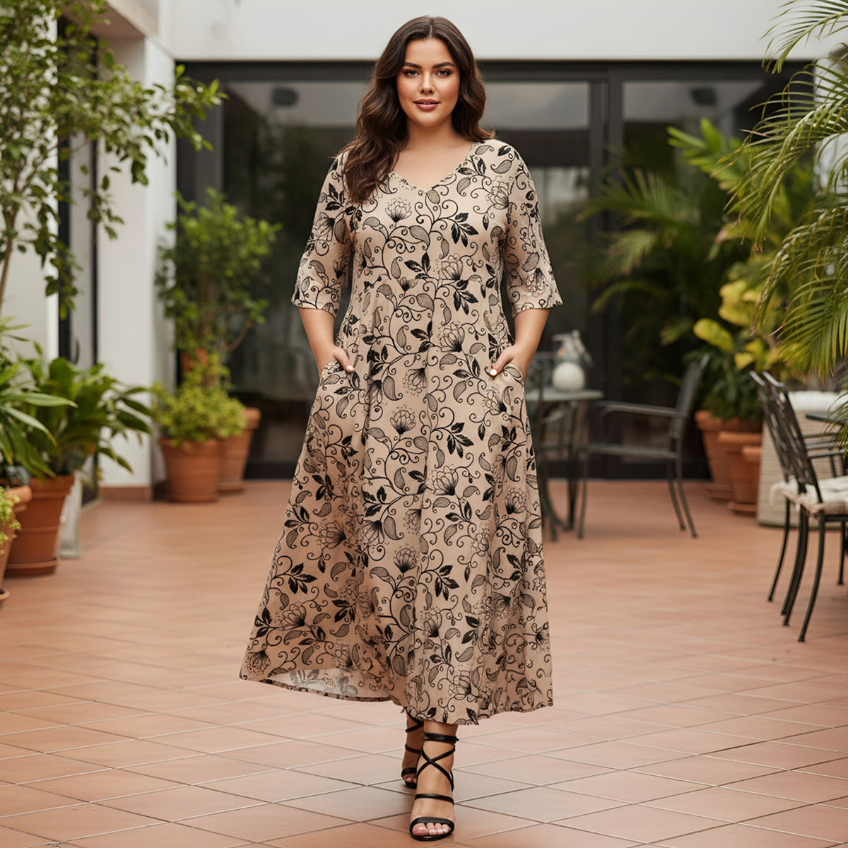 Three Quarter Sleeve V-neck Maxi Dress with Pockets - Floral
