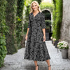 V Neck Three Quarter Sleeve Fit and Flare Midi Dress - Floral