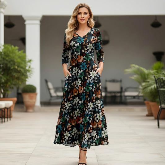 Three Quarter Sleeve V-neck Maxi Dress with Pockets - Floral