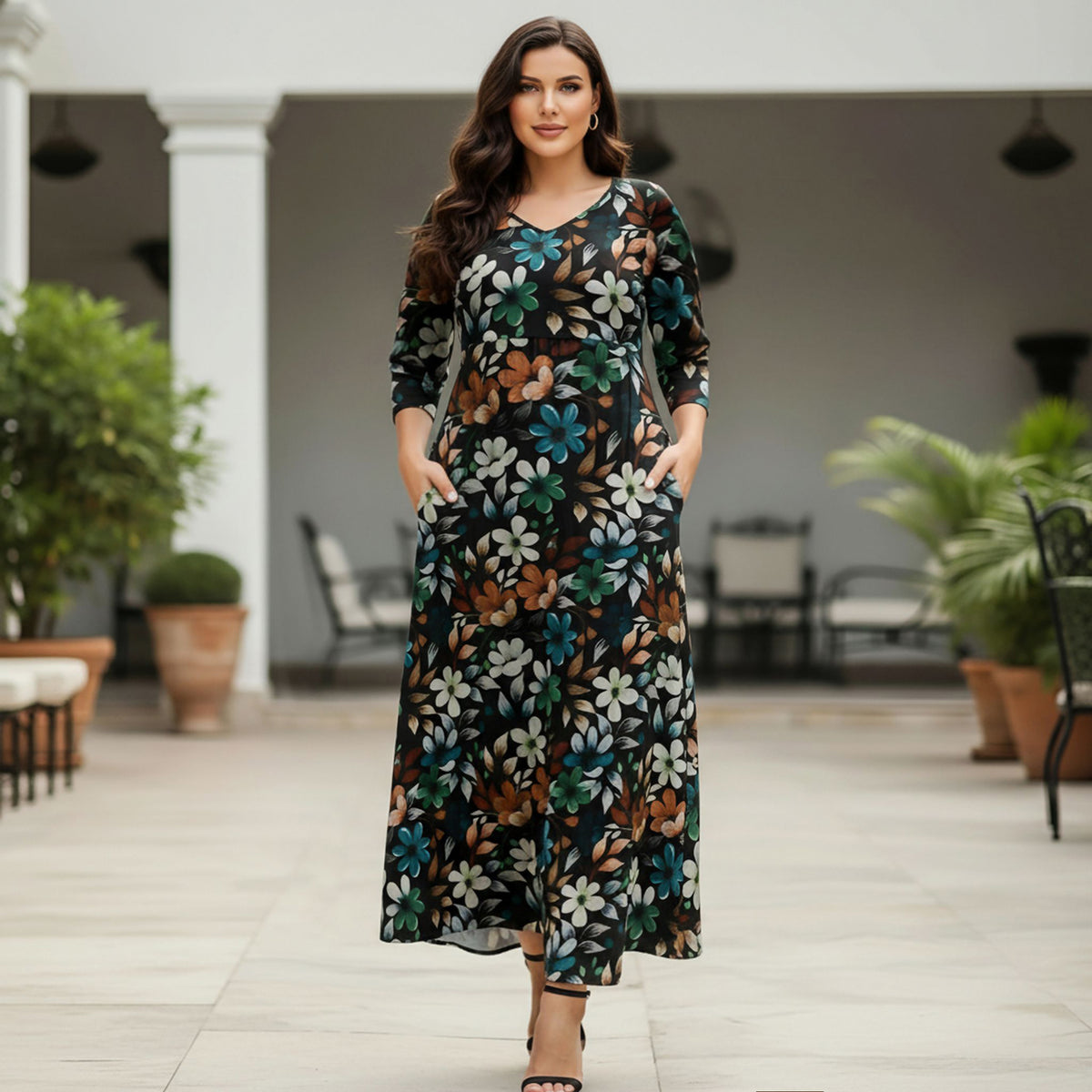 Three Quarter Sleeve V-neck Maxi Dress with Pockets - Floral