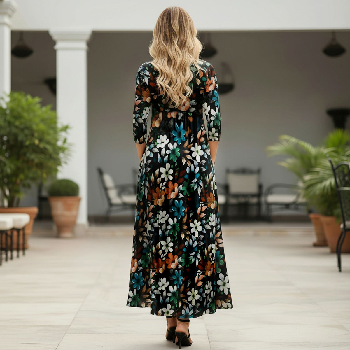 Three Quarter Sleeve V-neck Maxi Dress with Pockets - Floral