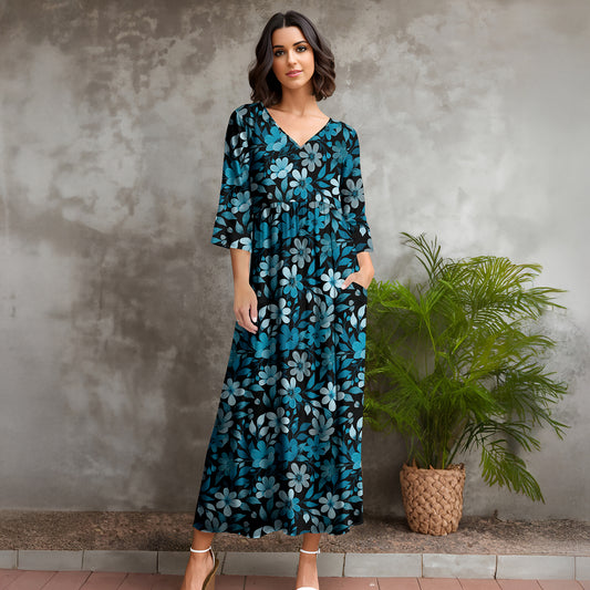 Three Quarter Sleeve V-neck Maxi Dress with Pockets - Floral