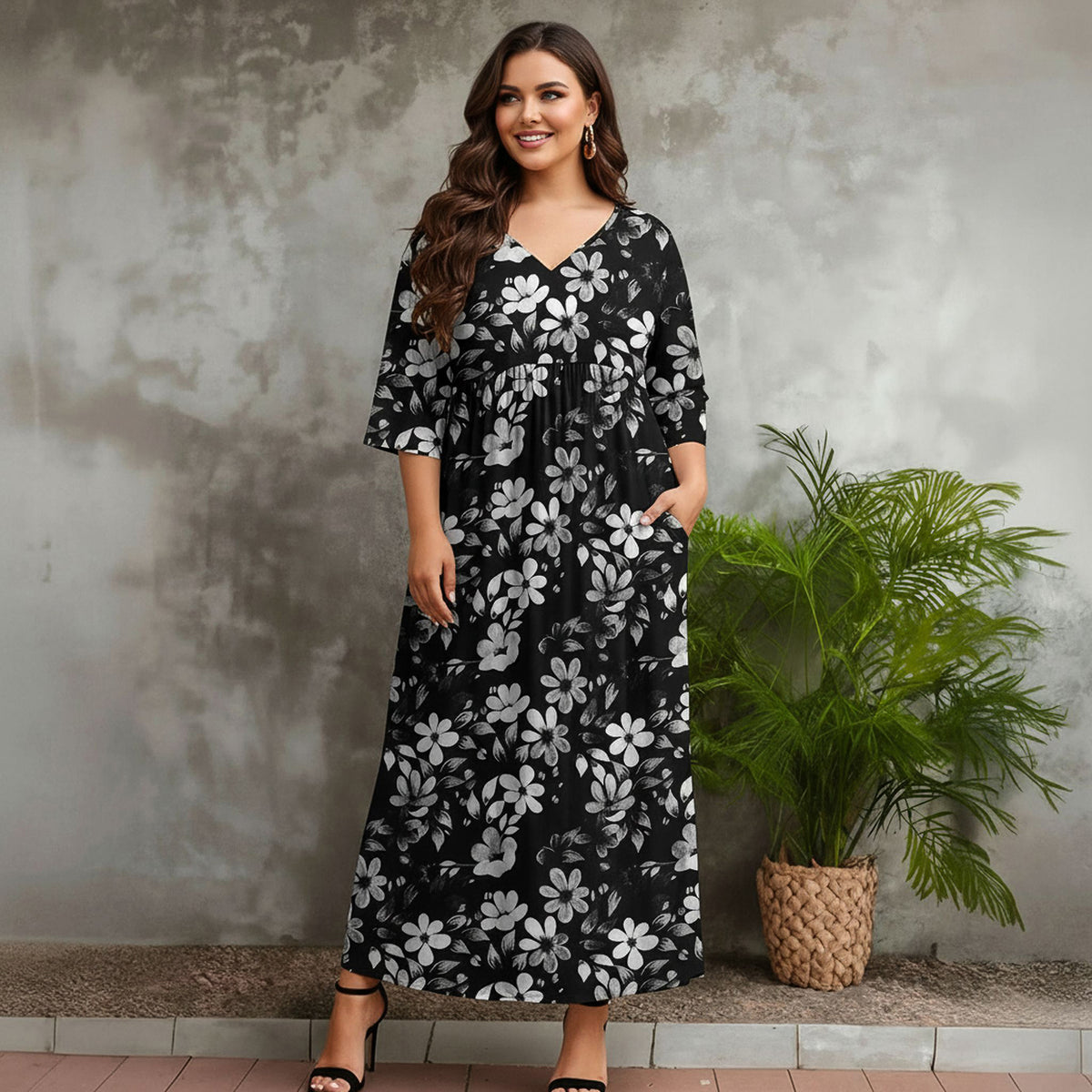 Three Quarter Sleeve V-neck Maxi Dress with Pockets - Floral