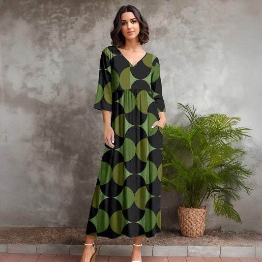 Three Quarter Sleeve V-neck Maxi Dress with Pockets - Geometric