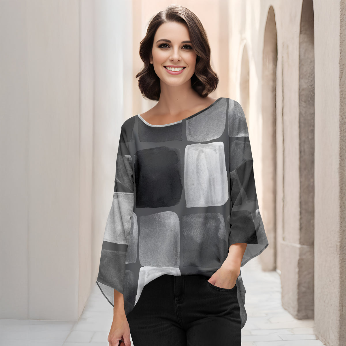 Three Quarter Bell Sleeve Tunic - Abstract Geometric