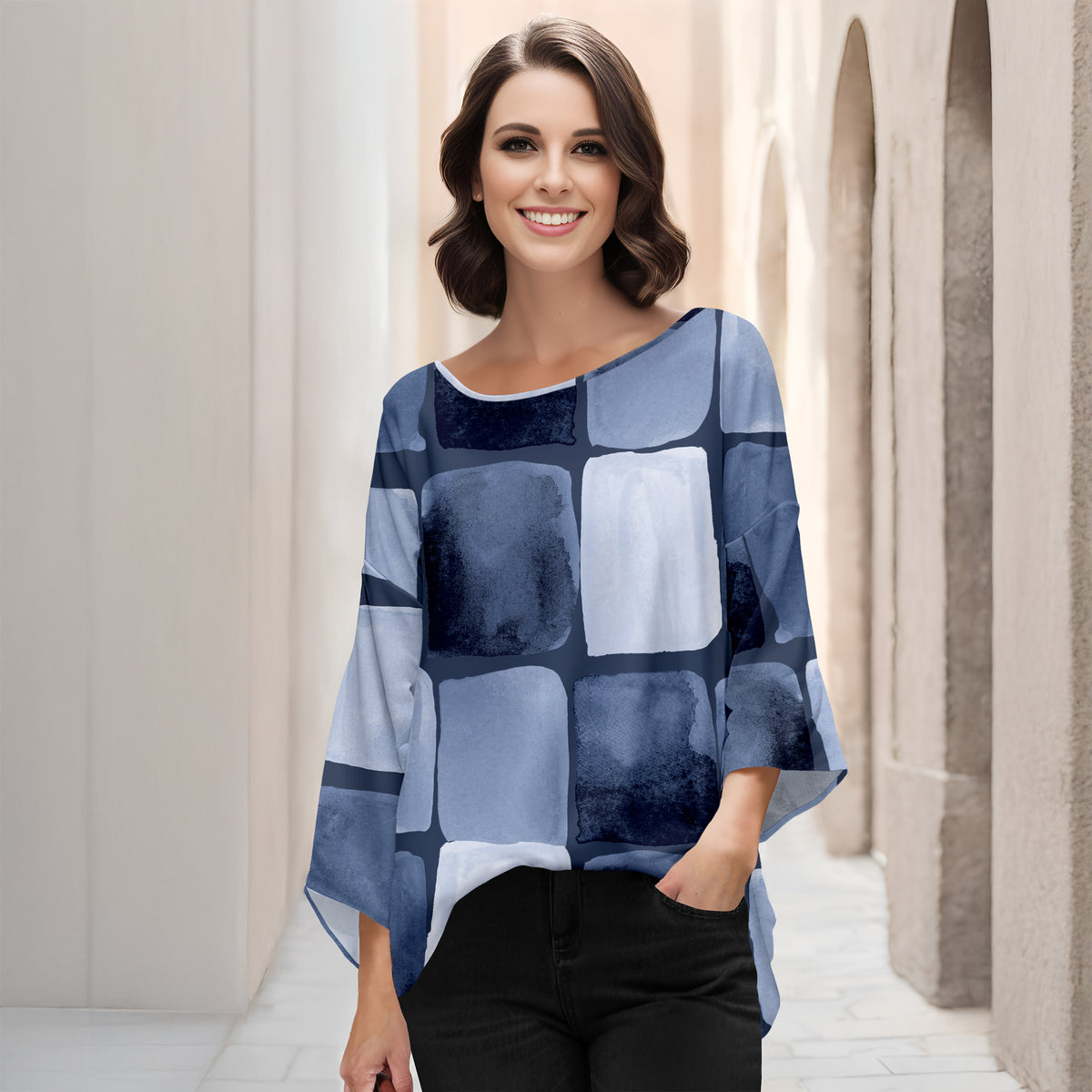 Three Quarter Bell Sleeve Tunic - Abstract Geometric