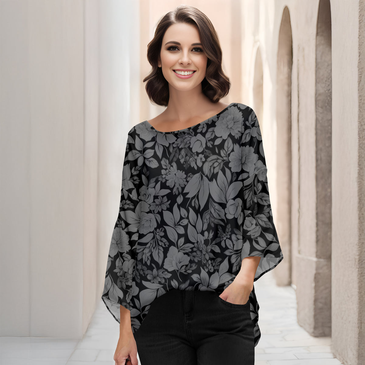 Three Quarter Bell Sleeve Tunic - Floral