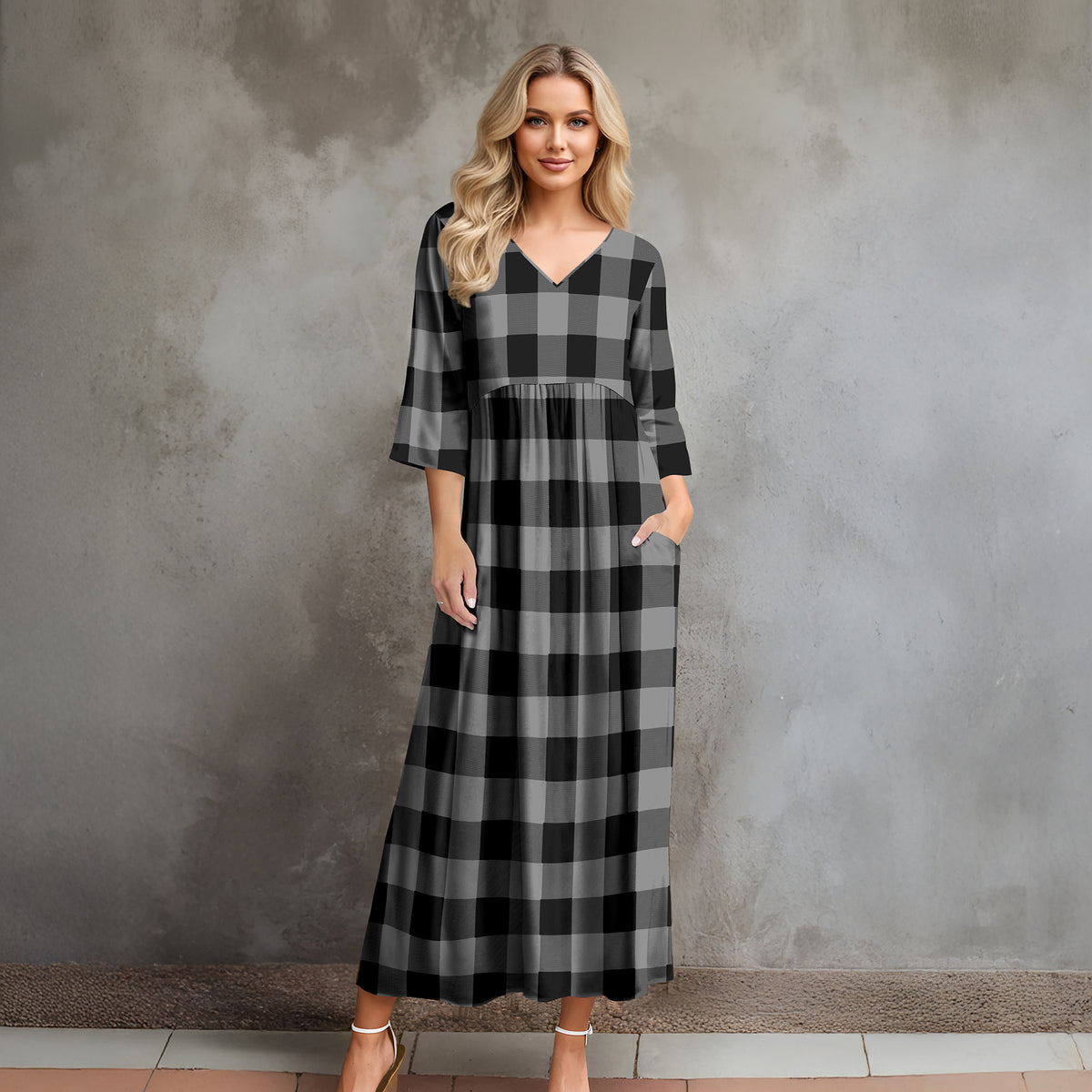 Three Quarter Sleeve V-neck Maxi Dress with Pockets - Buffalo Plaid