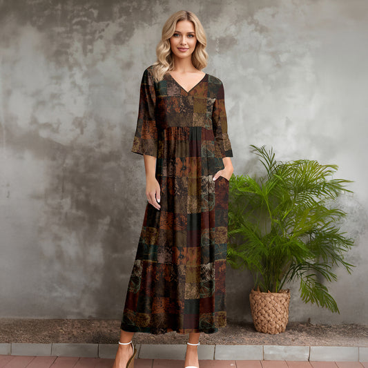 Three Quarter Sleeve V-neck Maxi Dress with Pockets - Patchwork