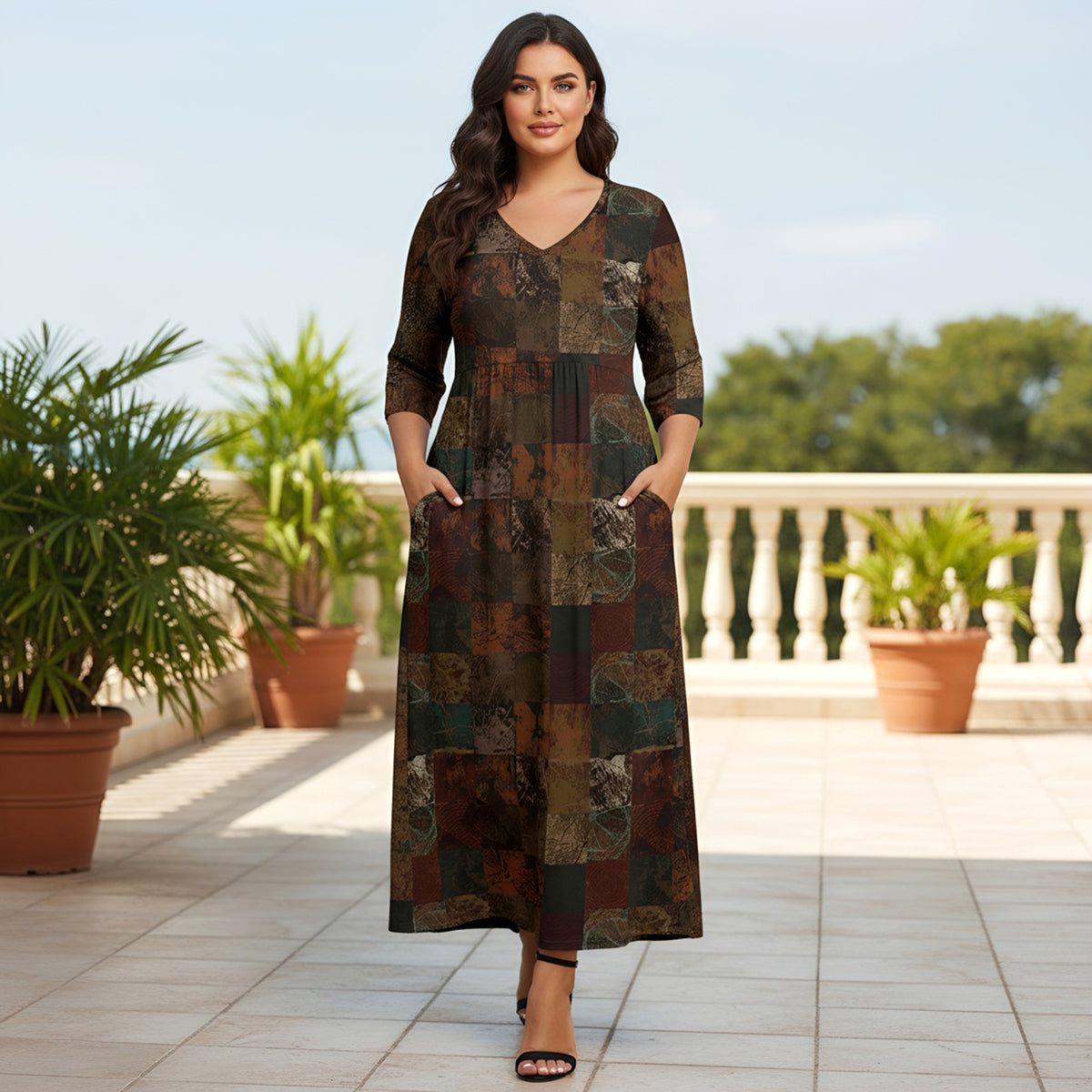 Three Quarter Sleeve V-neck Maxi Dress with Pockets - Patchwork