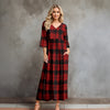 Three Quarter Sleeve V-neck Maxi Dress with Pockets - Plaid