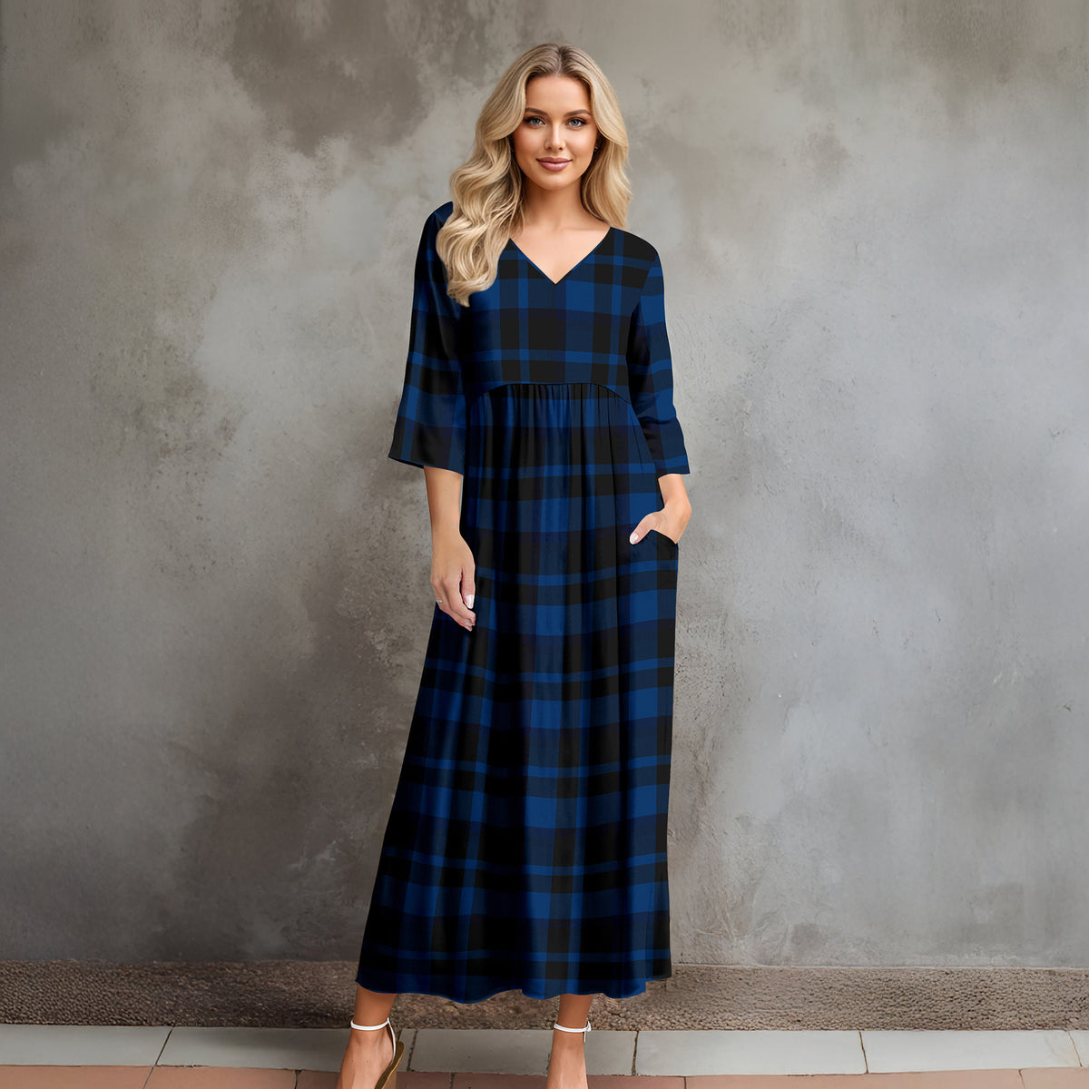 Three Quarter Sleeve V-neck Maxi Dress with Pockets - Plaid