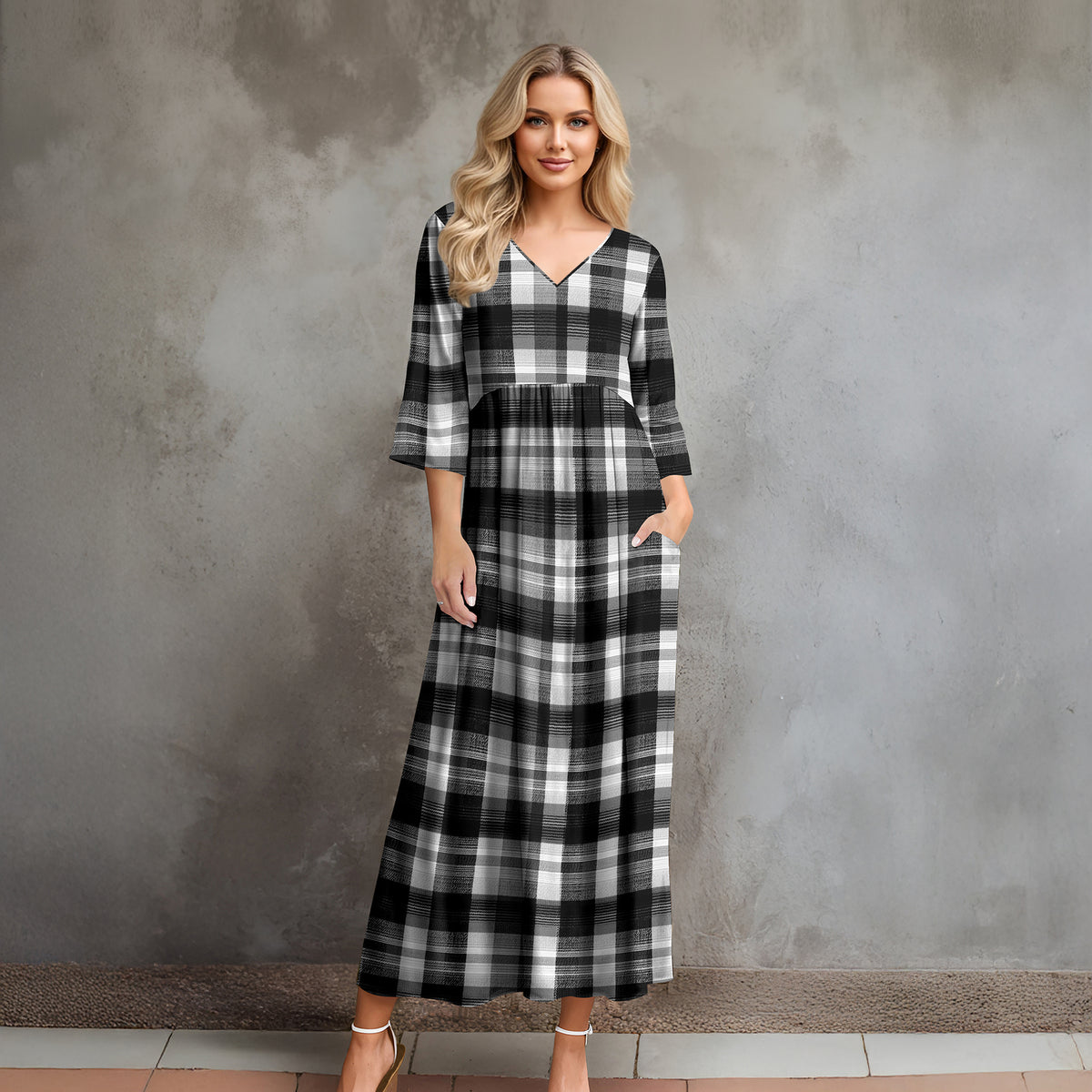 Three Quarter Sleeve V-neck Maxi Dress with Pockets - Plaid