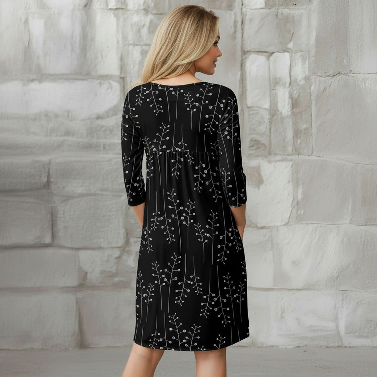 Three Quarter Sleeve Empire Dress with Pockets - Floral