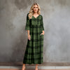 Three Quarter Sleeve V-neck Maxi Dress with Pockets - Plaid