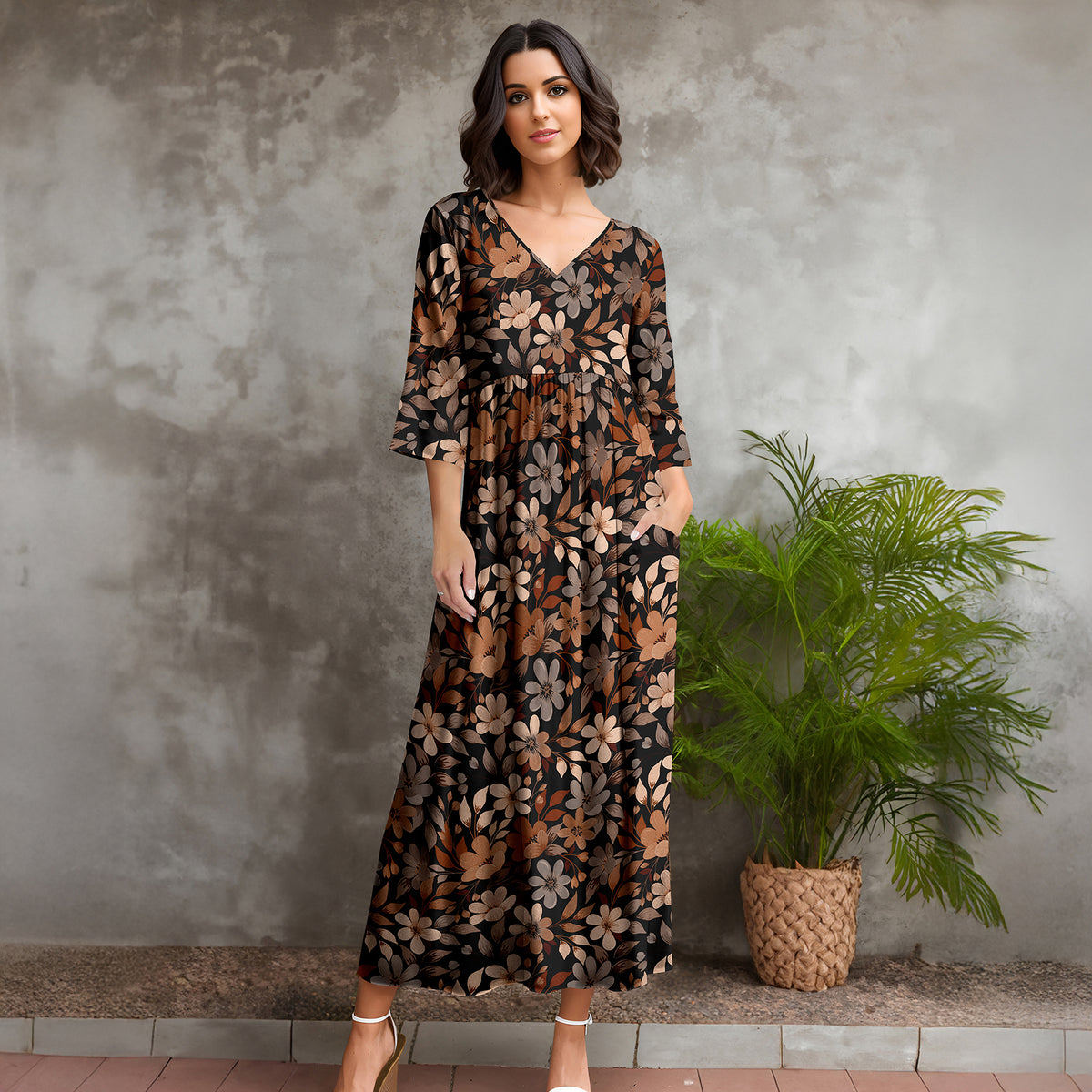 Three Quarter Sleeve V-neck Maxi Dress with Pockets - Floral