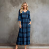 Three Quarter Sleeve V-neck Maxi Dress with Pockets - Plaid