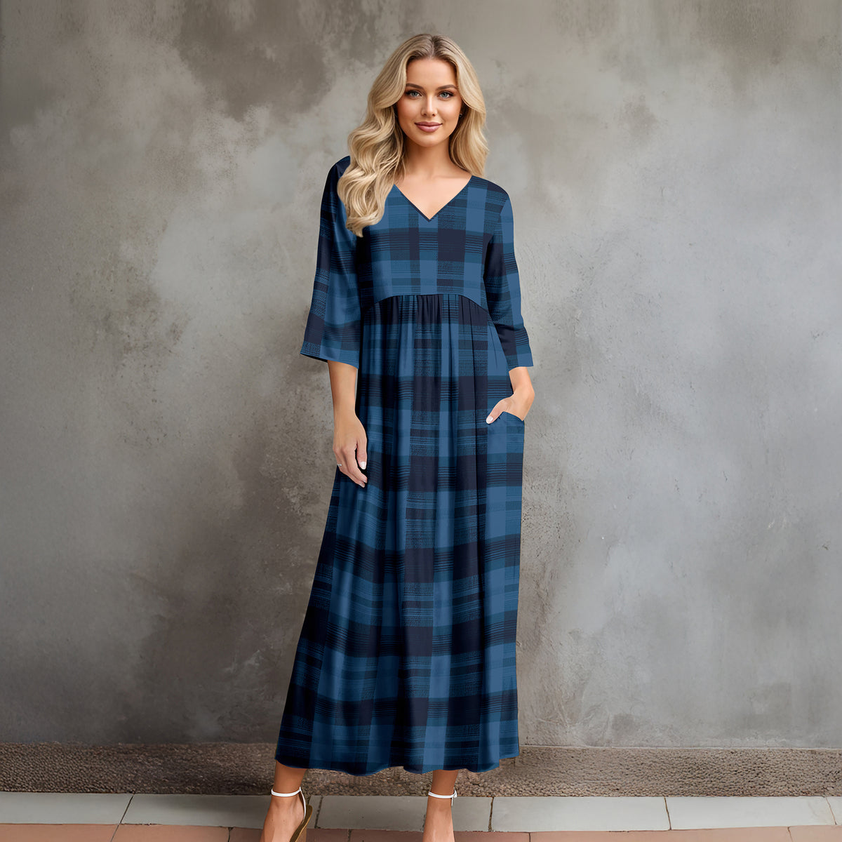 Three Quarter Sleeve V-neck Maxi Dress with Pockets - Plaid