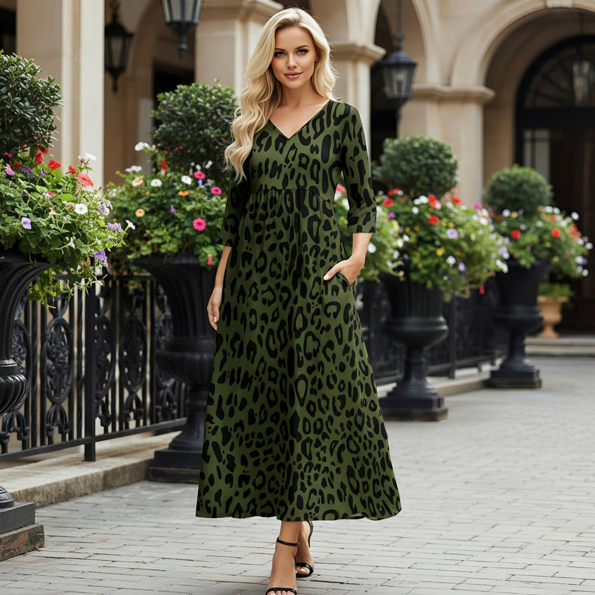 Three Quarter Sleeve V-neck Maxi Dress with Pockets - Animal Print