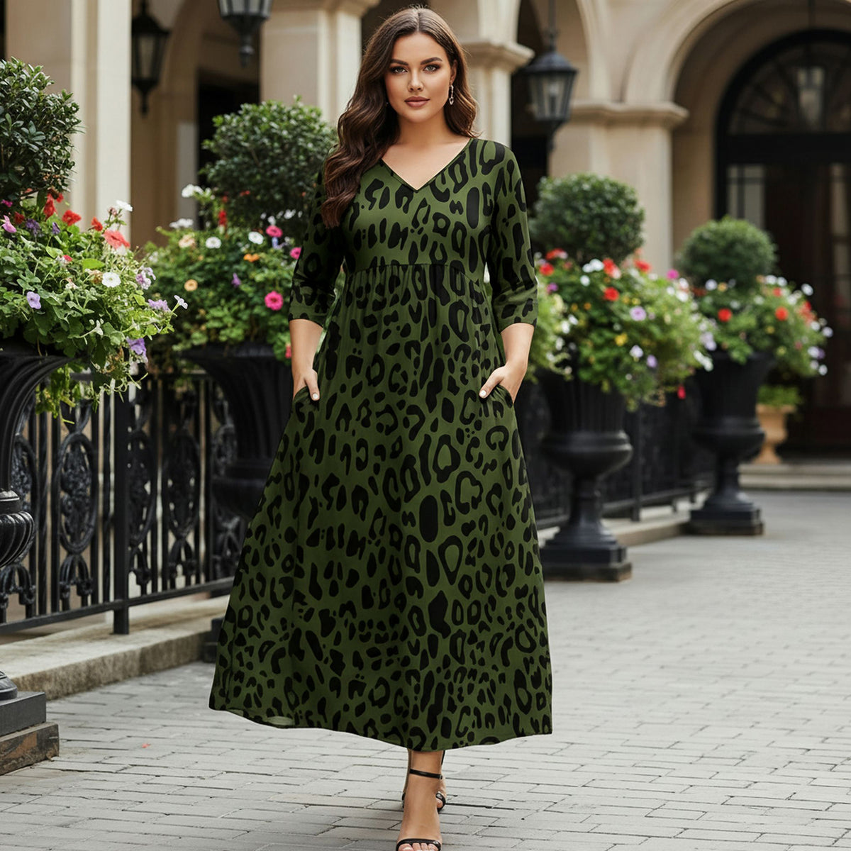 Three Quarter Sleeve V-neck Maxi Dress with Pockets - Animal Print