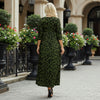 Three Quarter Sleeve V-neck Maxi Dress with Pockets - Animal Print