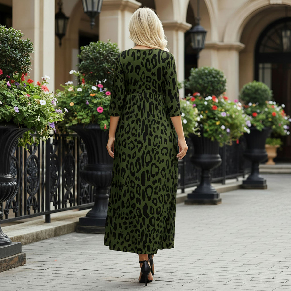 Three Quarter Sleeve V-neck Maxi Dress with Pockets - Animal Print