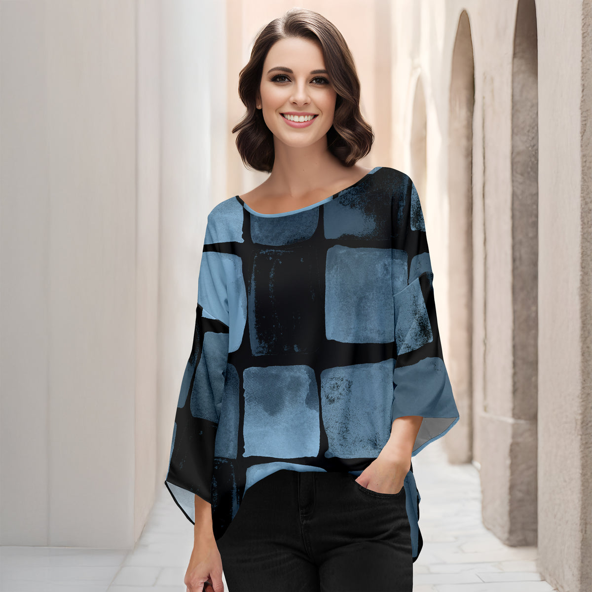 Three Quarter Bell Sleeve Tunic - Abstract Geometric