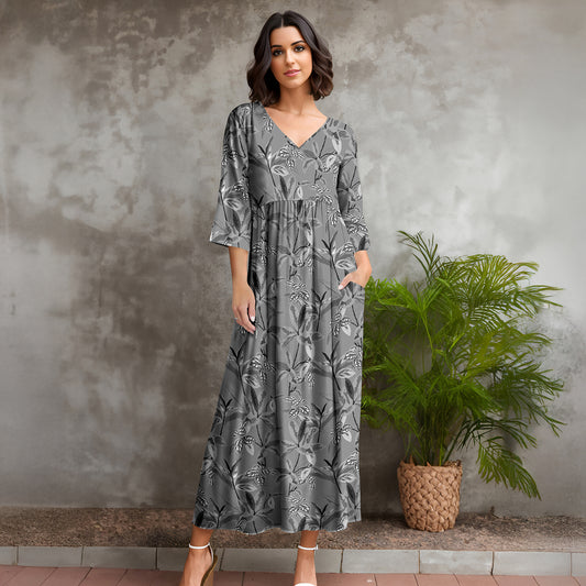 Three Quarter Sleeve V-neck Maxi Dress with Pockets - Floral