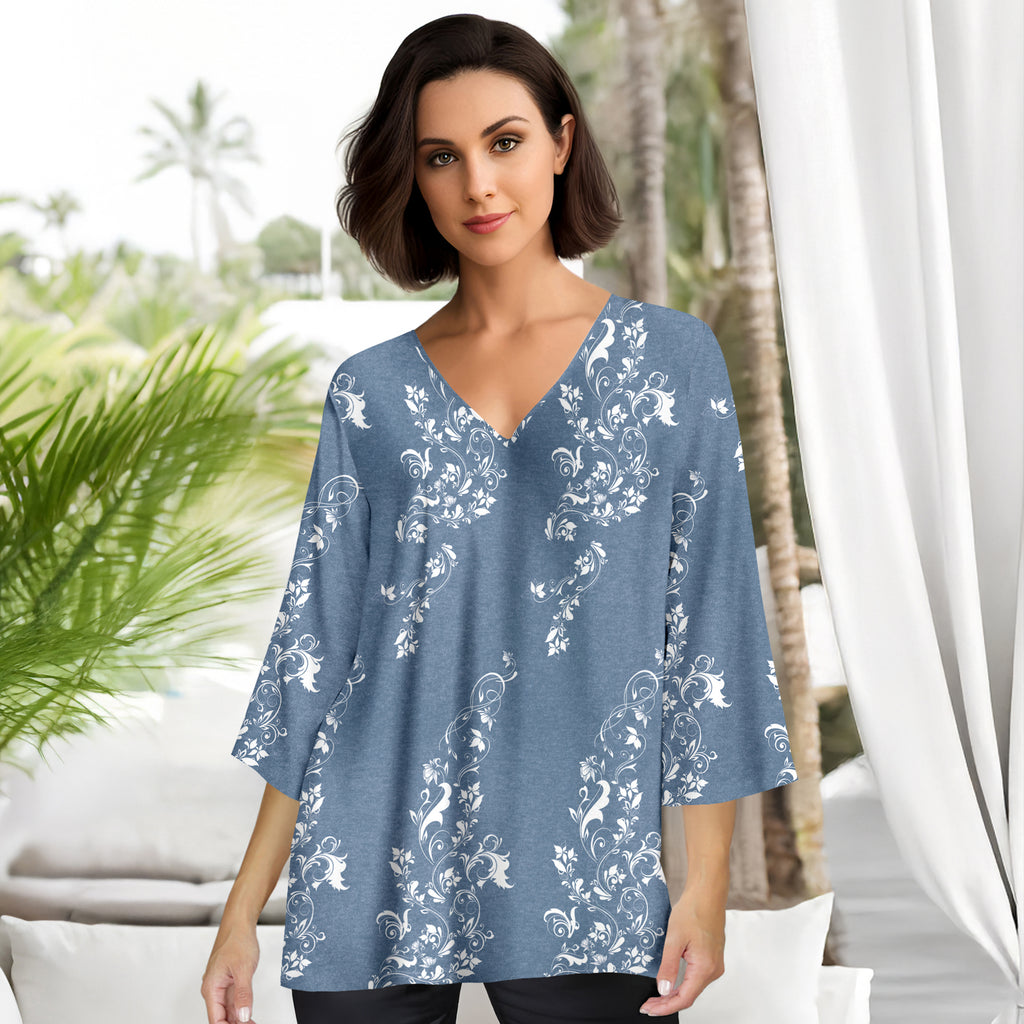 Three Quarter Sleeve V-Neck Tunic - Floral
