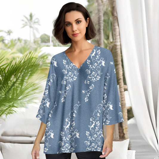 Three Quarter Sleeve V-Neck Tunic - Floral
