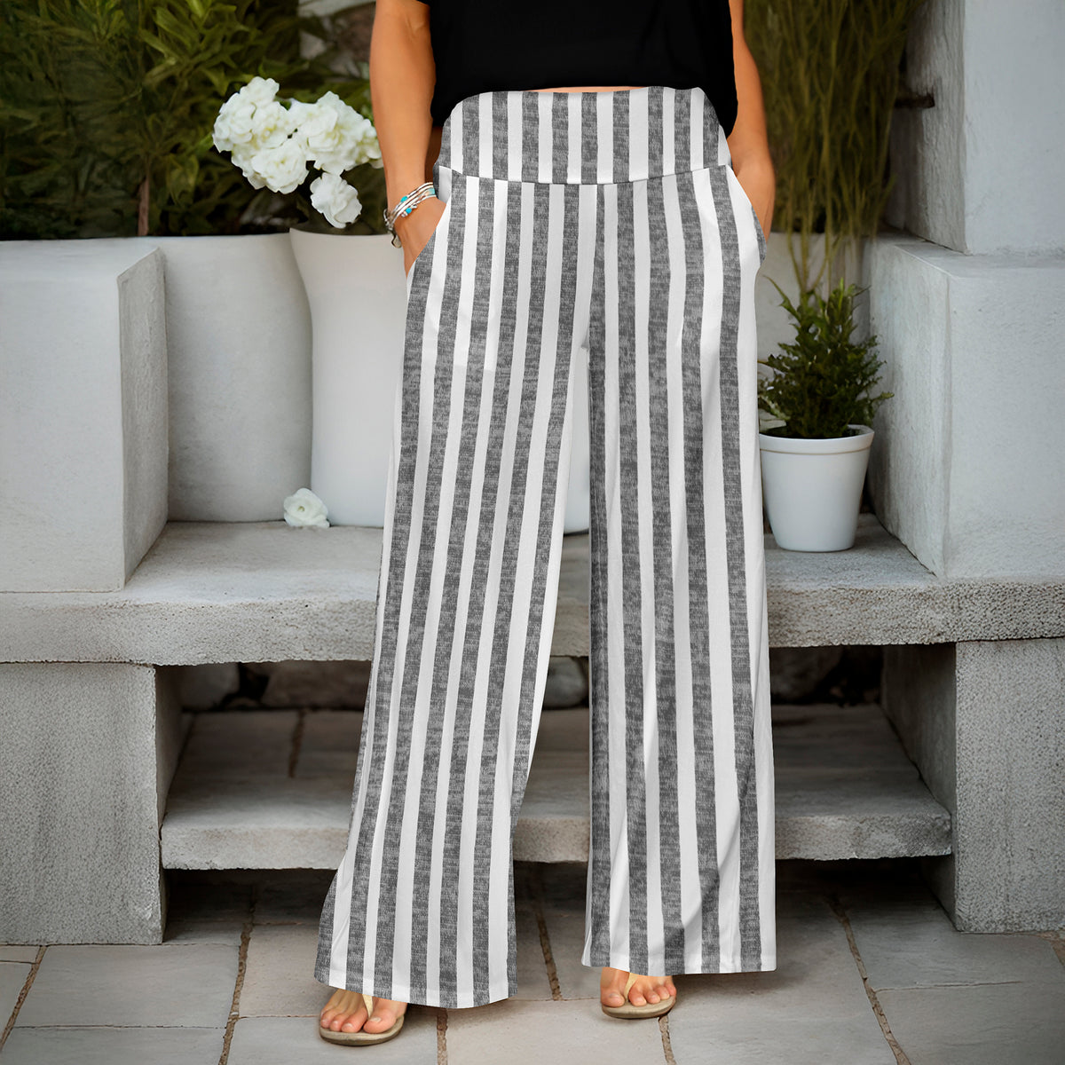 Wide Leg Pants with Pockets - Stripe