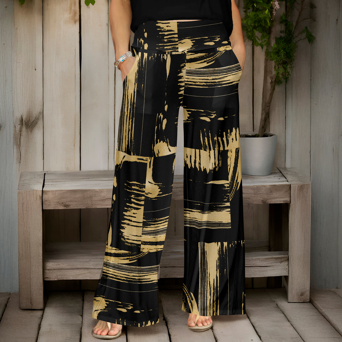 Wide Leg Pants with Pockets - Abstract
