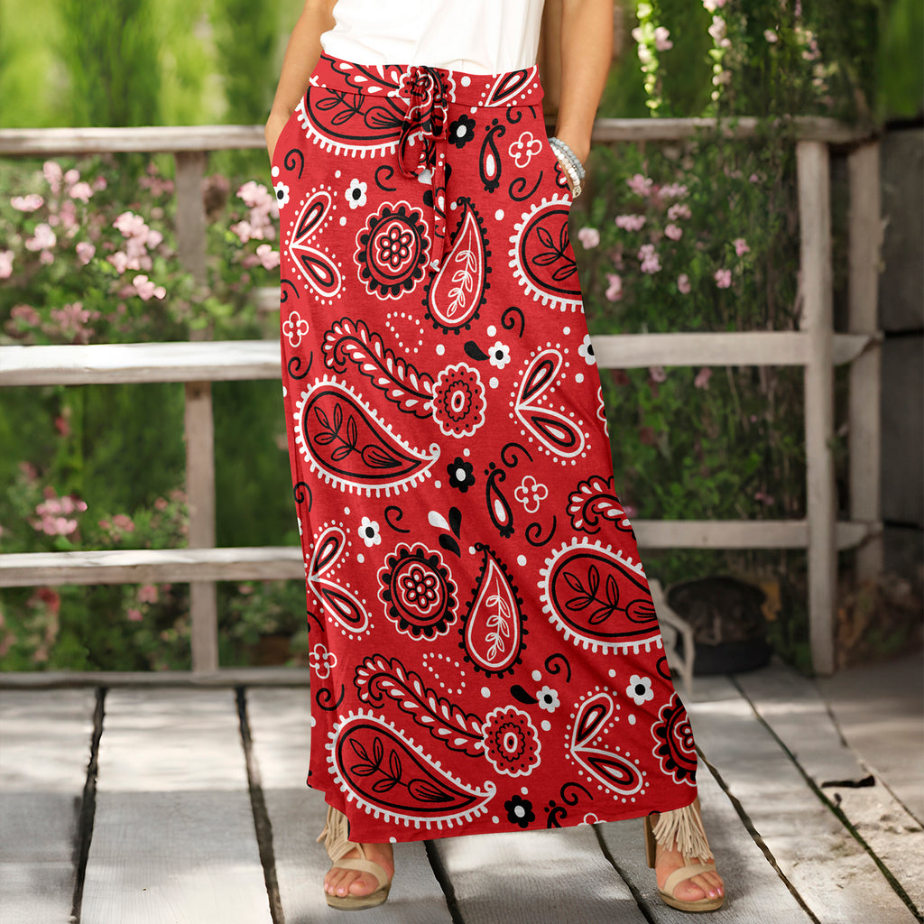 Drawstring Maxi Skirt with Side Pockets - Paisley