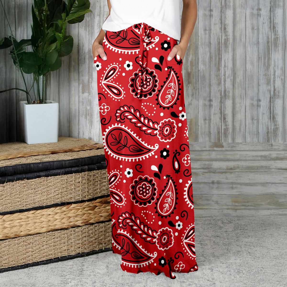 Drawstring Maxi Skirt with Side Pockets - Paisley