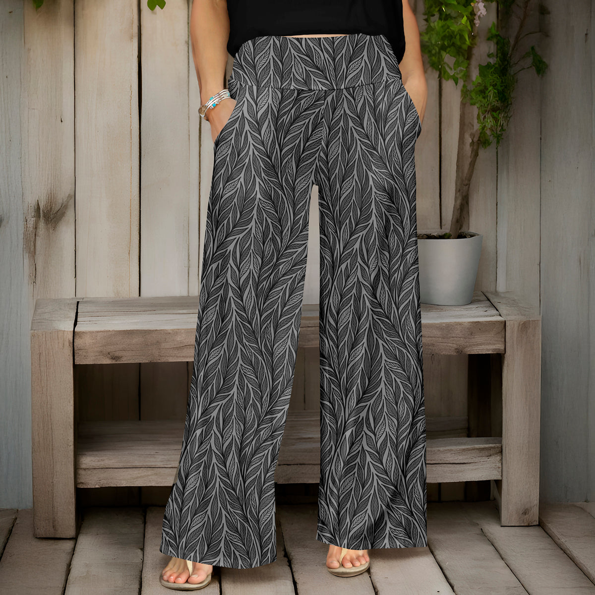 Wide Leg Pants with Pockets - Floral