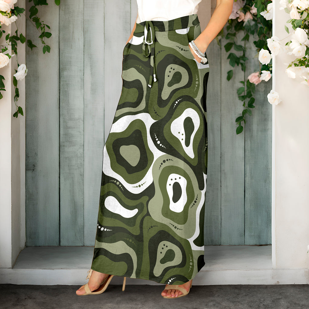 Drawstring Maxi Skirt with Side Pockets - Abstract Swirl