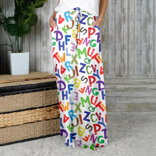 Drawstring Maxi Skirt with Side Pockets - Alphabet Letters