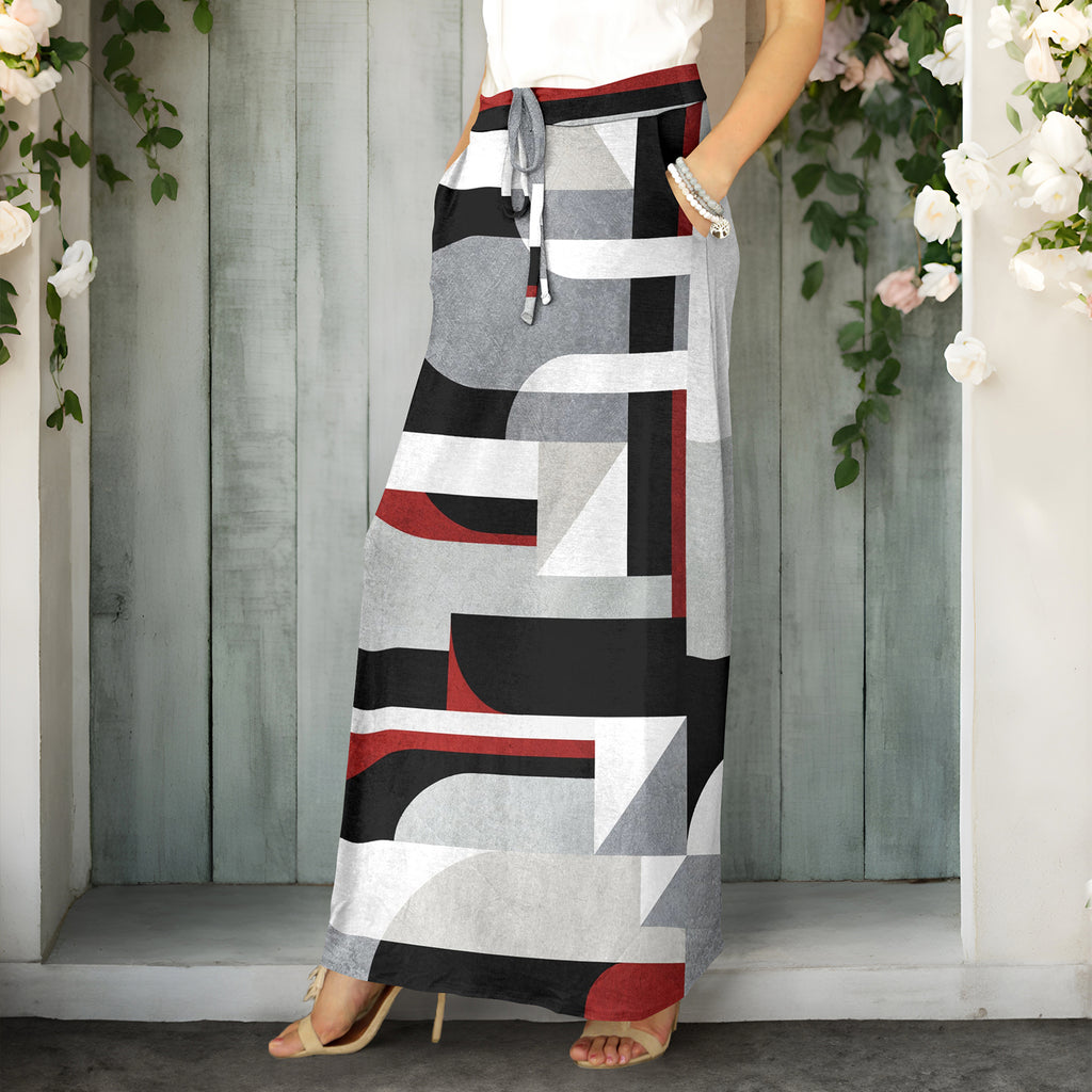 Drawstring Maxi Skirt with Side Pockets - Geometric