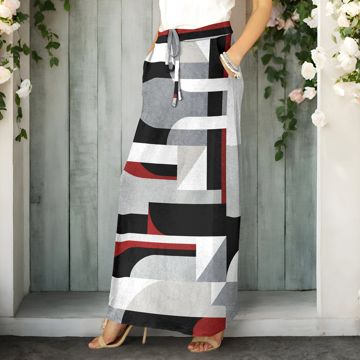 Drawstring Maxi Skirt with Side Pockets - Geometric