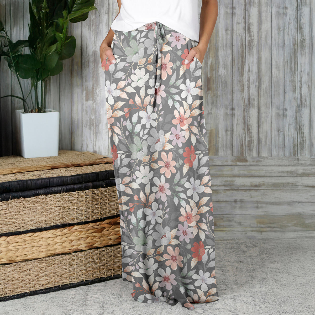 Drawstring Maxi Skirt with Side Pockets - Floral