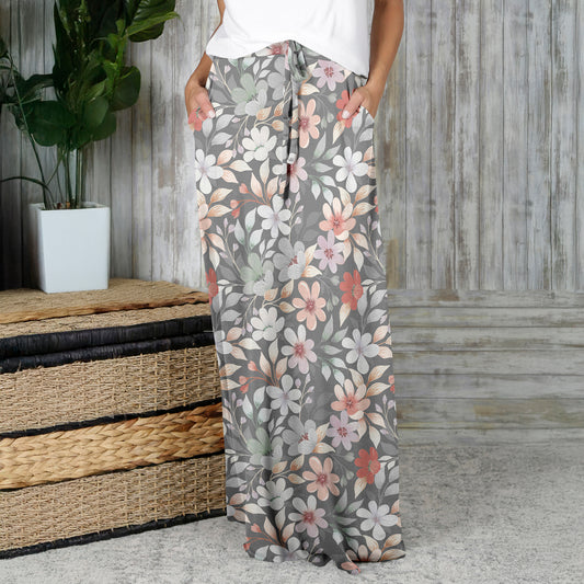 Drawstring Maxi Skirt with Side Pockets - Floral