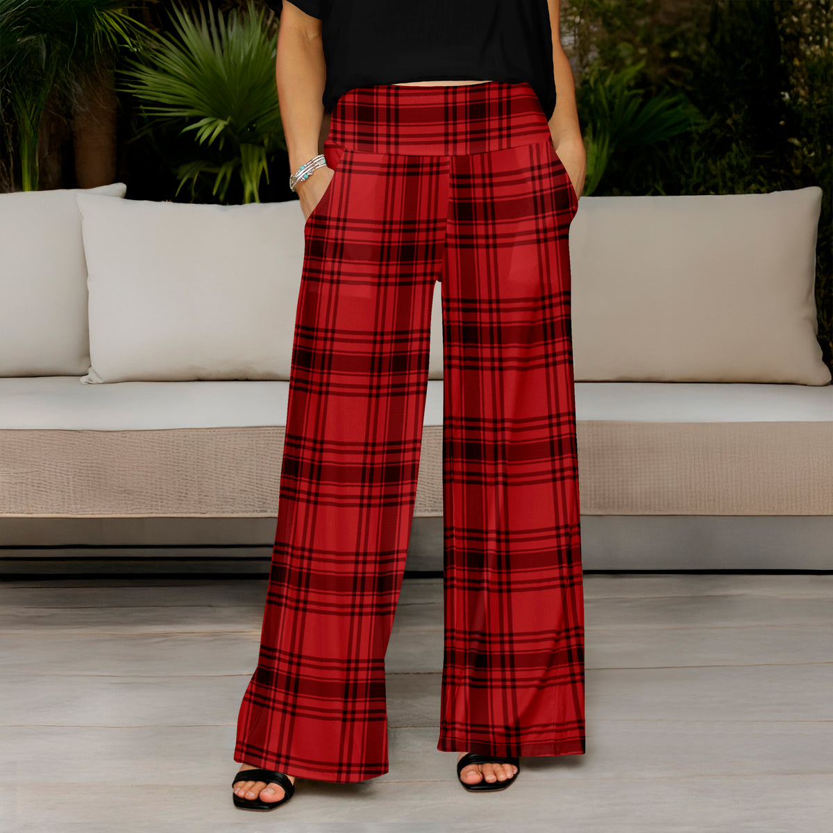 Wide Leg Pants with Pockets - Plaid