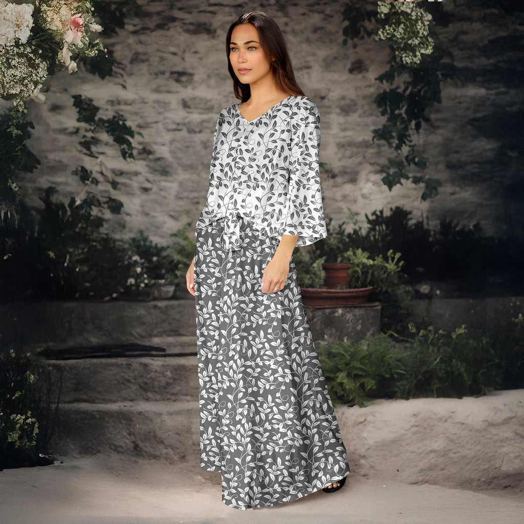 2 Piece Set - Front Tie Three Quarter Sleeve Top and Maxi Skirt - Floral