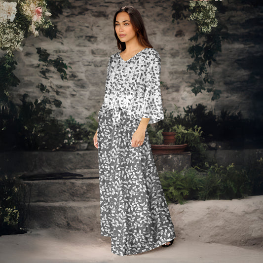 2 Piece Set - Front Tie Three Quarter Sleeve Top and Maxi Skirt - Floral