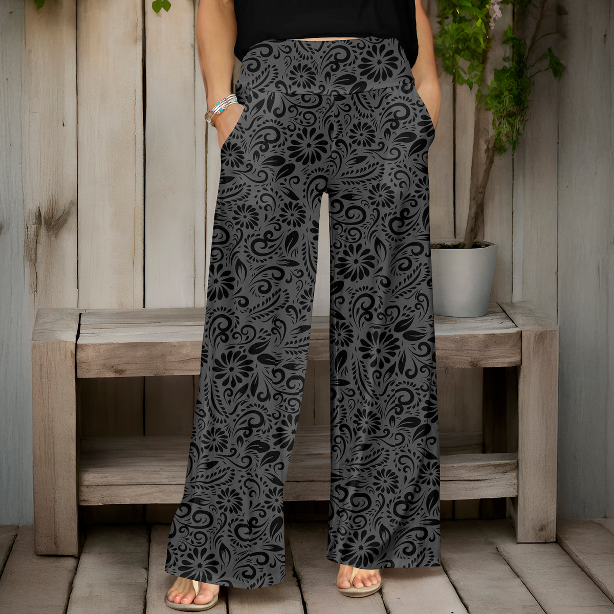 Wide Leg Pants with Pockets - Floral