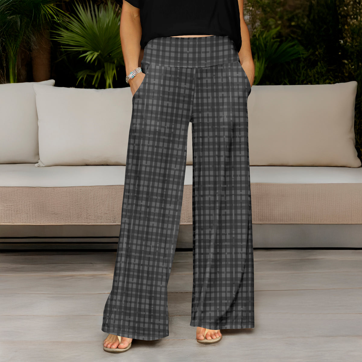 Wide Leg Pants with Pockets - Plaid